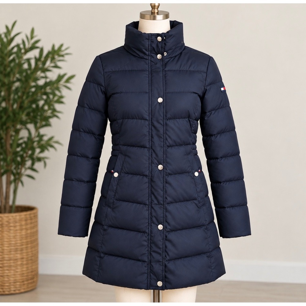 Tommy Hilfiger Womens Navy Blue Quilted Puffer Coat Mid-Length Parka XS